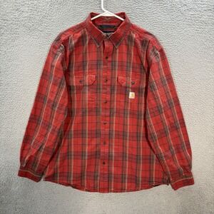 Carhartt Shirt Adult Large Red Plaid Chambray Loose Fit Workwear Chore Barn Mens